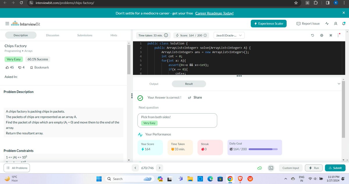 Hello peers 👋, I have completed #Day026 of #365DaysofCode Challenge with @scaler_official. Today I solved the question interviewbit.com/problems/chips… Scaler discord community link: bit.ly/ScalerDiscord #codewithscaler #365daysofcodescaler