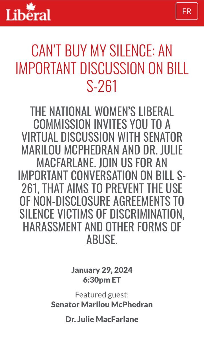Join @ProfJulieMac @SenMarilou @libwomen  for an important discussion on Bill S-261

“Can’t buy my silence”

#billS261

 #cdnpolitics 

#addwomenchangepolitics