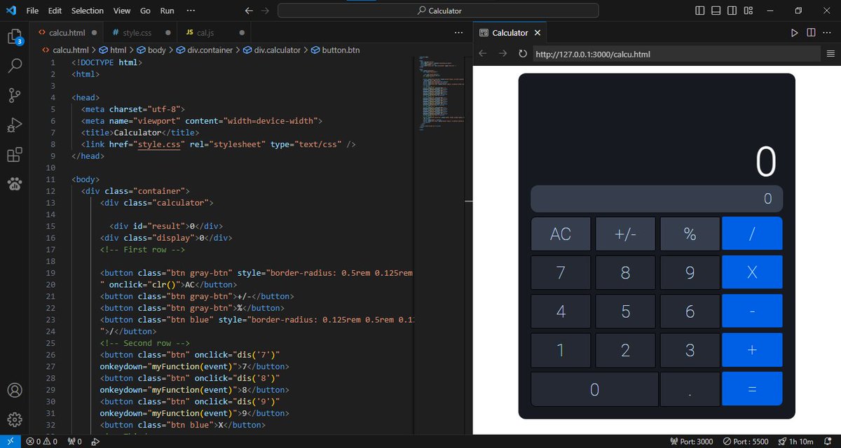 notcodesid's tweet image. Thought making a calculator would be easy.
But reality check: code the HTML and CSS grid layout alone took over an hour. 

Adding functionality soon. No tutorials No articles, just me and ChatGPT.
#frontend #cssgrid #calculator