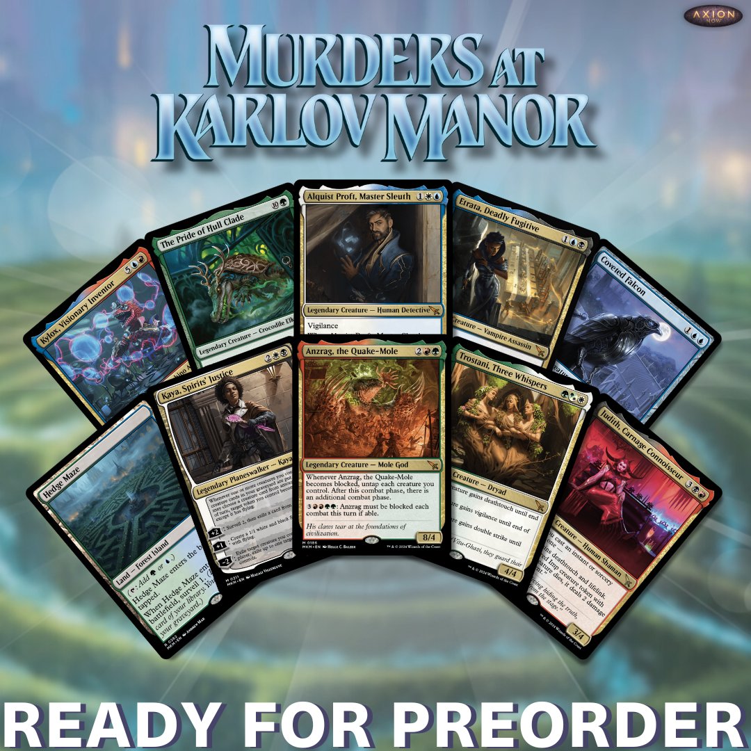 AxionNow's tweet image. Are you set to solve the case of the Murders At Karlov Manor?🕵️

Regular versions of cards are ready to preorder!

Variants are coming early next week.

Follow the link to preorder today! - tinyurl.com/jdtmdhst

#MTGKarlov #mtg #magicthegathering #mtgcommunity