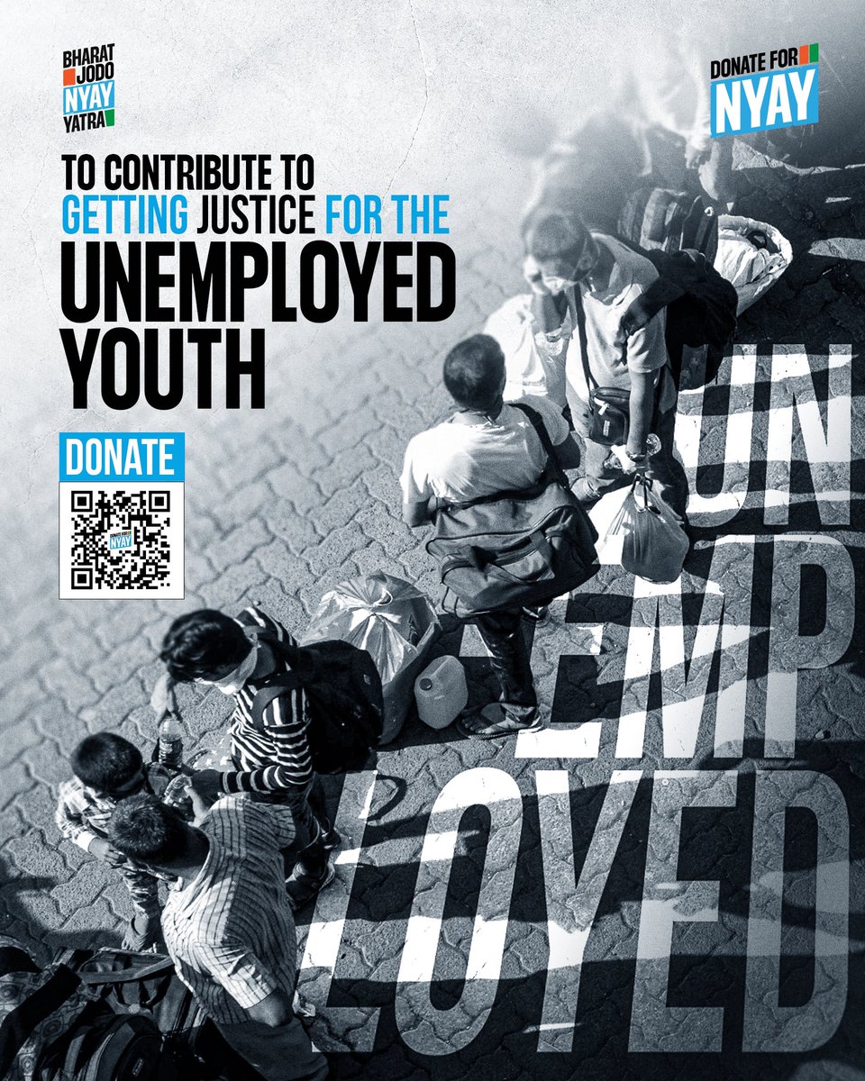 bharatjodo's tweet photo. India faces its worst unemployment crisis in 45 years! 

It’s a call to action - no room for silence! Join the battle. Click on https://t.co/f0jNrf0ZWX and make a difference. 

Your contribution can be the bridge between despair and hope for millions of unemployed Indians. 

#DonateForNyay #BharatJodoNyayYatra