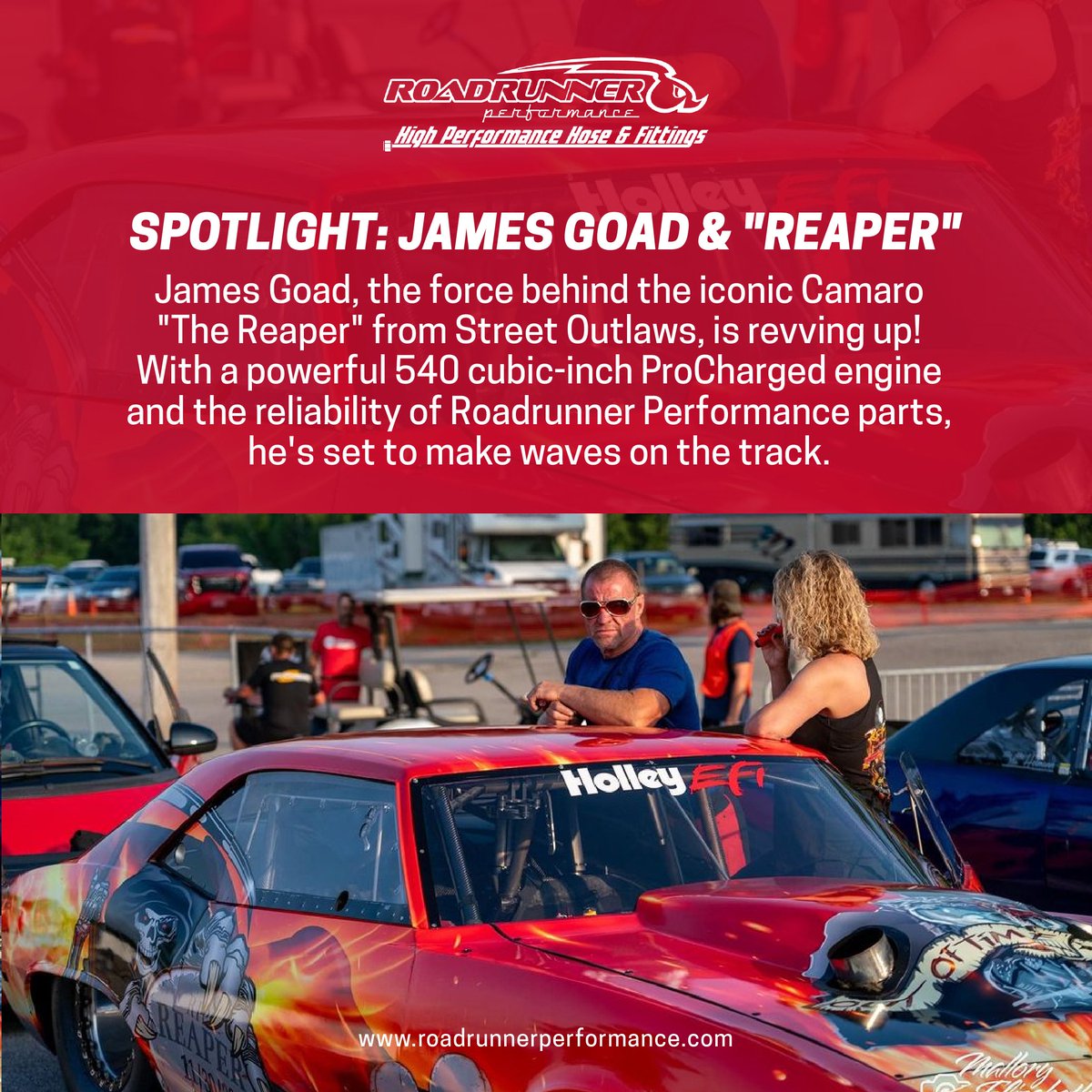 James Goad's 'The Reaper' – a legend in the making, fueled by Roadrunner Performance. Experience the rush of ultimate speed! 🚗🌪️

#RoadRunnerPerformance #JamesGoad #ReaperRacer #StreetOutlaws #TrackLegend #RacingRoyalty #SpeedAndStrength #CamaroKing