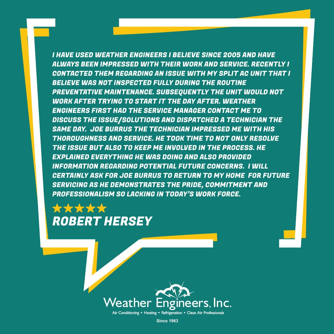 Robert, thank you for the stellar Google review! 🌟 Your positive words mean the world to us. We're honored to have earned your trust and look forward to serving you again in the future.

weatherengineers.com

#RobertReview #CustomerSatisfaction #Thankful