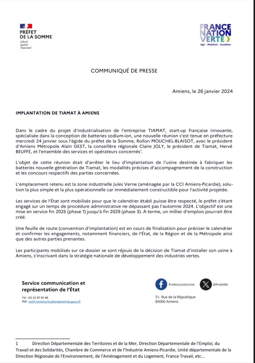 C’est officiel! Tiamat a choisi @AmiensMetropole pour installer sa Gigafactory. Située au cœur de la région @hautsdefrance, proche de l’écosystème dynamique qui cristallise autour de la vallée de la batterie. Merci @Prefet80, @xavierbertrand et @Alain_Gest