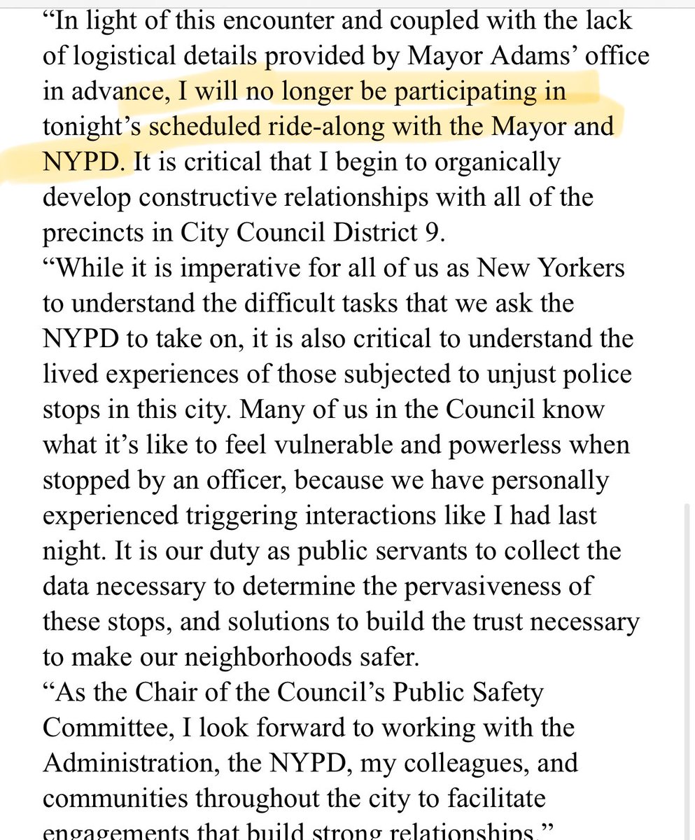 Yusef Salaam got pulled over — apparently for “Driving While Black” — *while on a call with other Councilmembers and the NYCLU talking about police stops.*
Now he’s no longer doing an NYPD ride-along meant to lobby members to vote against overriding the vetoed How Many Stops Act.