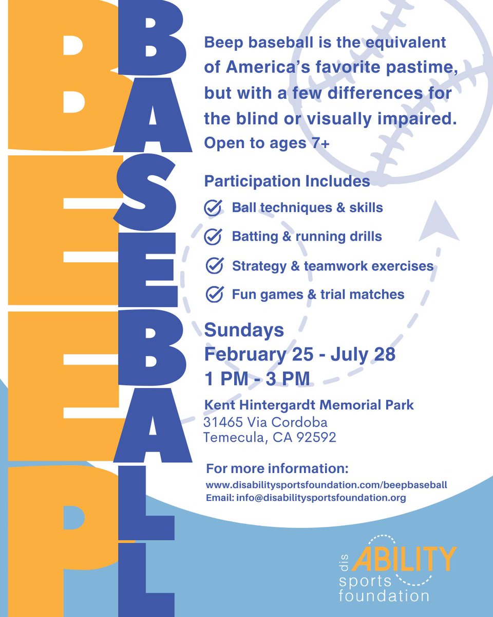 d_abilitysport's tweet photo. Join us as we start our 2024 season of Beep Baseball beginning Sunday, February 25th at 1pm.  There is no cost to participate. Register at https://t.co/FSnTFtXadh
 #DSF #disabilitysportsfoundation #BeepBaseball #AdaptiveSports #Disability #Blind #VisuallyImpaired #Baseball https://t.co/7wJNwHaUaz