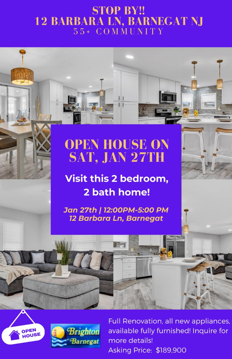 OPEN HOUSE! This weekend! 1/27-1/28 12noon til 5pm. #openhouseweekend 2-bed, 2-bath in Brighton at Barnegat (55+ community) located at 12 Barbara Ln. $189,900. #RealEstate #HomesForSale #BarnegatHomesForSale #Barnegat #KarenStryker #KStrykerLBI #FSBO homes.motioncitymedia.com/12barbaraln/?m…