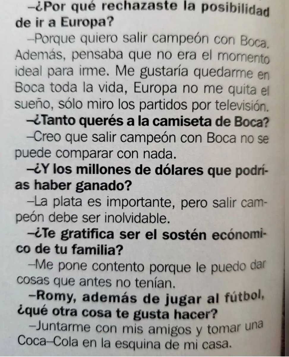 🗣️Juan Román #Riquelme en <a href="/elgraficoweb/">El Gráfico</a> en 1998:

"¿Por qué rechacé la posibilidad de ir a Europa? Porque quiero salir campeón con #Boca. Además, pensaba que no era el momento ideal para irme. Me gustaría quedarme en Boca toda la vida, Europa no me quita el sueño, solo miro los