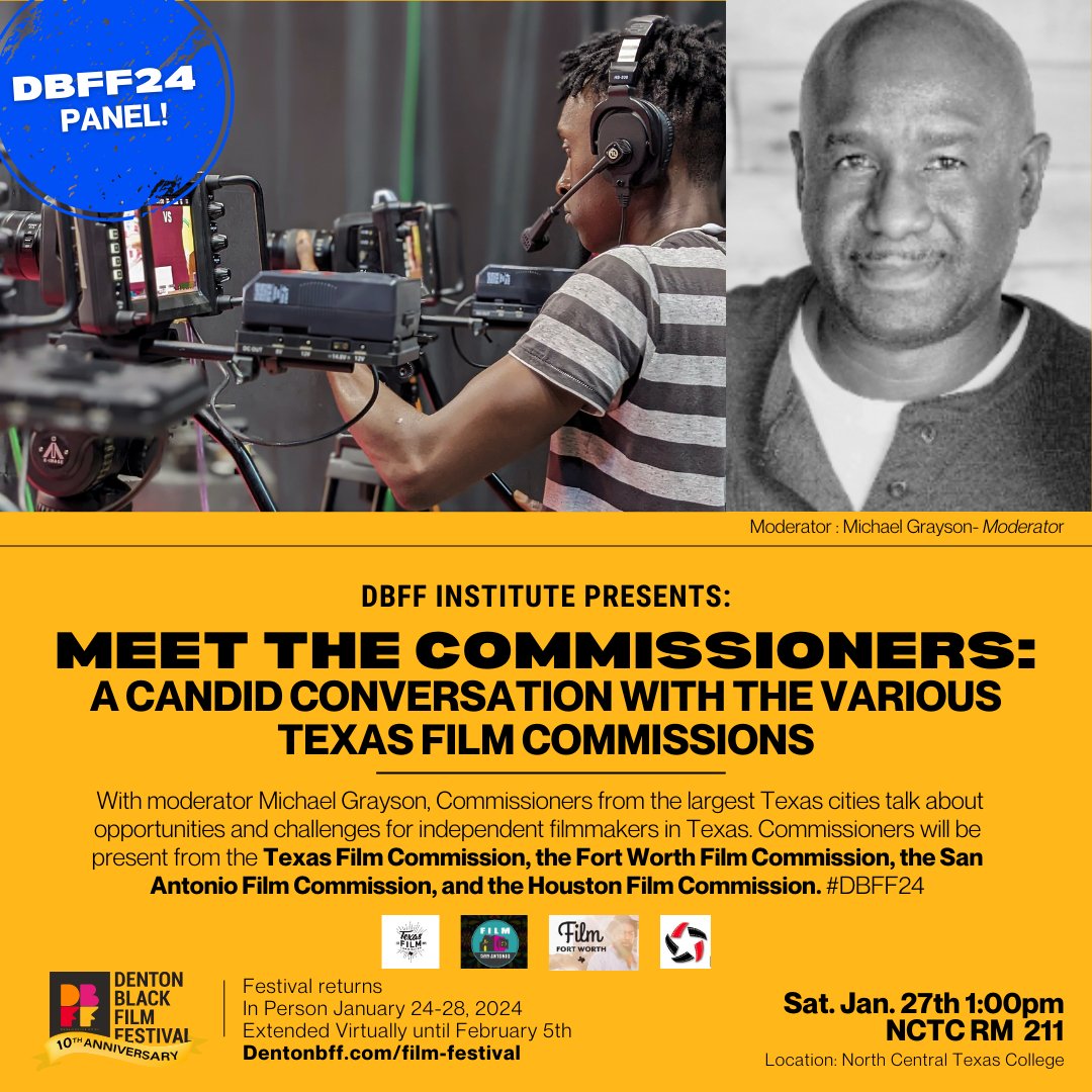 Meet commisioners from various Texas film commissions today as they share opportunities and challenges for independent filmmakers in Texas, in a panel moderated by Michael Grayson. #DBFF24 📍North Central Texas College | 1pm | Room 211