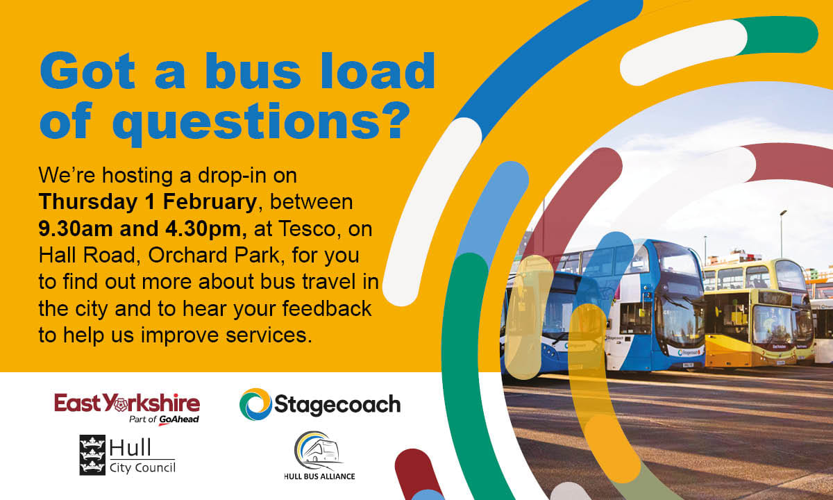 Got a burning question about buses in Hull, or feedback you want to give? We're hosting a drop-in next week alongside @StagecoachEMid and @hullccnews , and would love to hear from you. 📅 Thursday 1 February 📍 Tesco, Hall Road, Orchard Park 🕤 9.30am-4.30pm