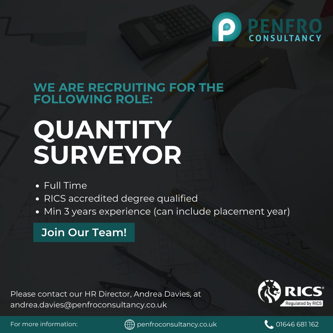Looking for a new role or challenge?
Please get in touch! 

#charteredquantitysurveyors
#constructioninwales 
#civilengineering 
#property
#naturalresources 
#pembrokeshire