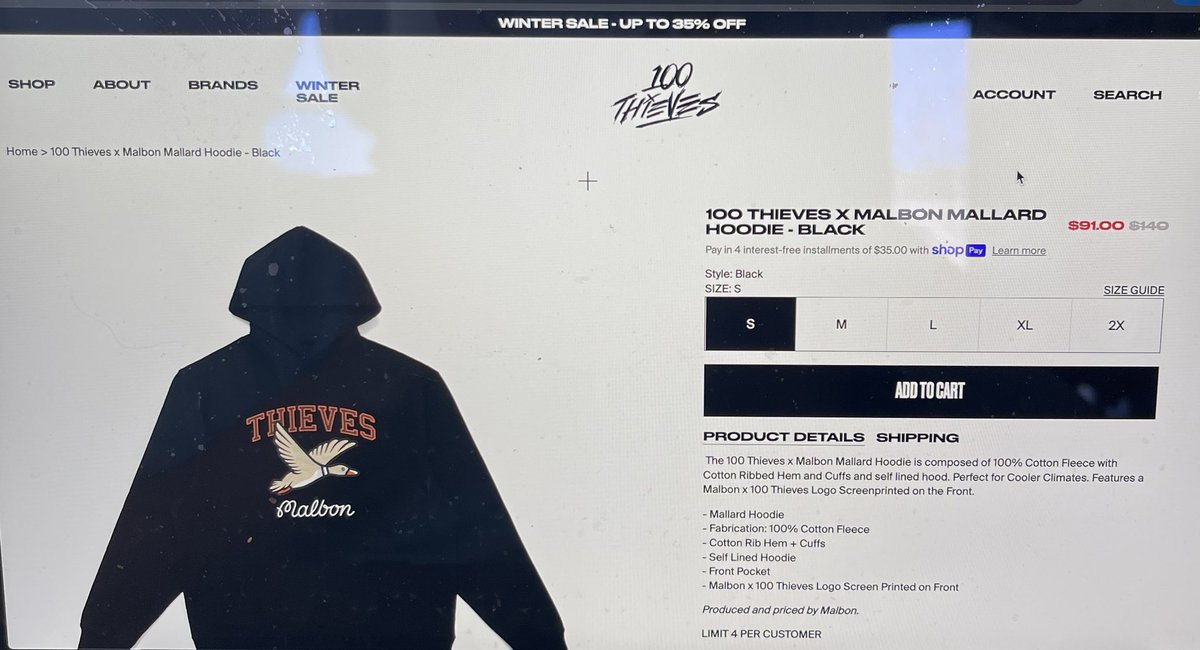 SickelZ_'s tweet photo. @100Thieves any idea why the winter sale is showing up for the mallard hoodie, but not showing on sale in the cart? https://t.co/B39tKdH4On