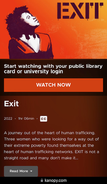 Thrilled to see #EXIT has been added to @Kanopy Now you can access this award winning film for FREE with your public library or university login! Or ask your institution to add it! kanopy.com/en/product/135… #humantraffickingawarnessmonth @FilmmakerAlison #Documentary #education