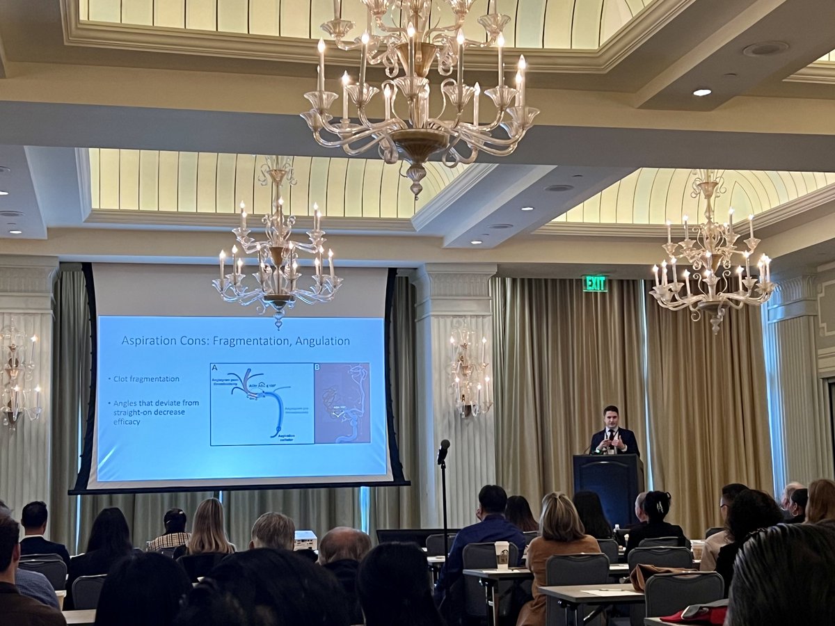 The day started w aspiration vs stent retriever thrombectomy by Dr. Tyler Cole — highlighting the benefits of stent retriever for PCA occlusions, combination techniques for termination occlusions, &amp; likely similar results in MCA/ICA occlusions. #neurosurgery #neurointervention
