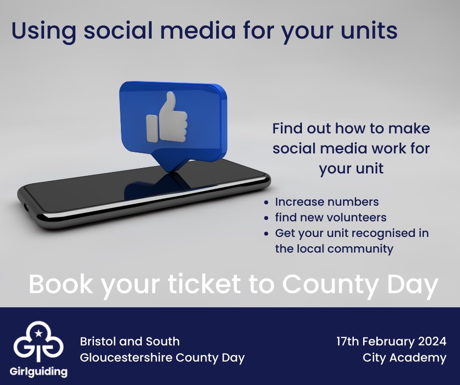 Not sure what to book on for County Day? Try out our Using Social Media for your Units, find out you can increase your girls, recruit new volunteers and interact with your local community. girlguidingsouthwestevents.co.uk/.../bristol... Or email training@girlguidingbsg.org.uk for a booking form.