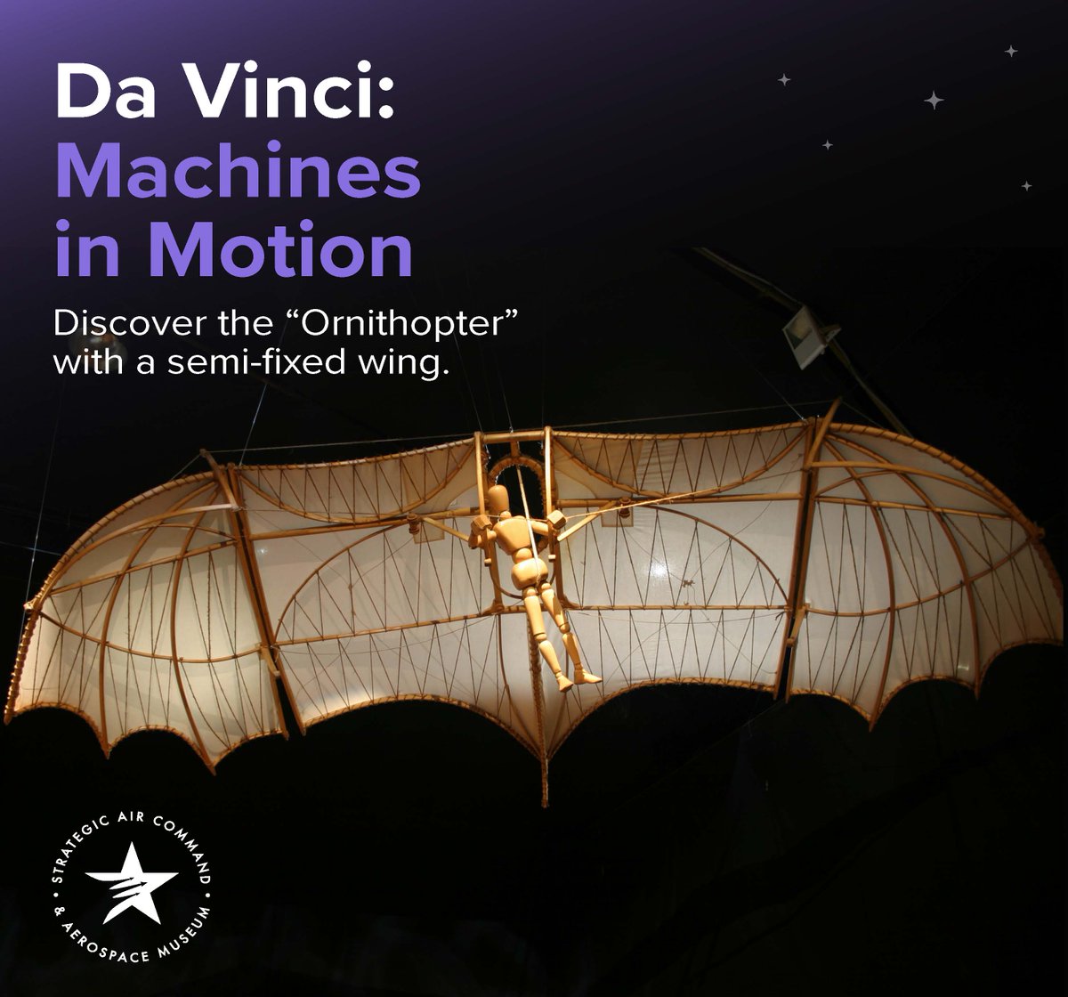 sac_aero's tweet image. Today's the day! We're proudly opening our "Leonardo da Vinci: Machines in Motion" exhibit, featuring the awe-inspiring Ornithopter with a semi-fixed wing.

GET TICKETS: sacmuseum.org
#SACAerospaceMuseum #EntertainEducateInspire #WeAreChanging #daVinci #Wings