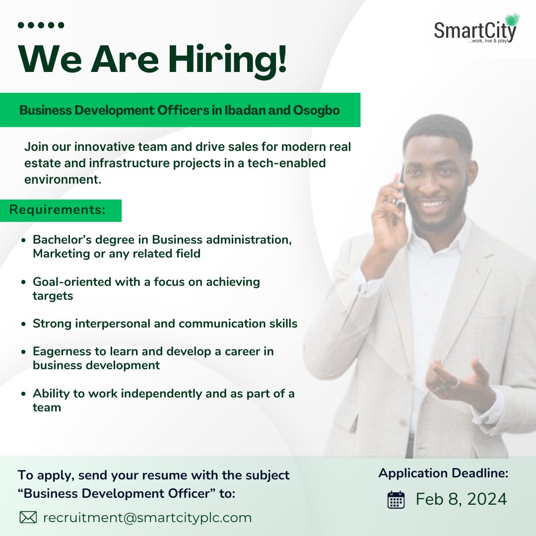 Join Our Team! Exciting Opportunities Await
Apply Now!

Check the flyer for application details.
 #osogbo #ibadan #hiring #HIRINGNOW #smartcityplc