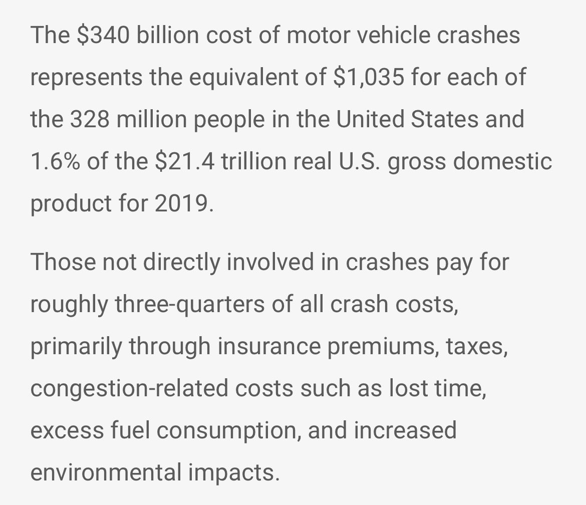 Traffic violence costs USA about $1.5 trillion per year, or ~ 6% of GDP.

Drivers who cause this damage pay only 15% of that cost.

I’d be fine forgoing speed limiters in exchange for drivers paying 100% of the cost of damages from their recklessness. nhtsa.gov/press-releases…