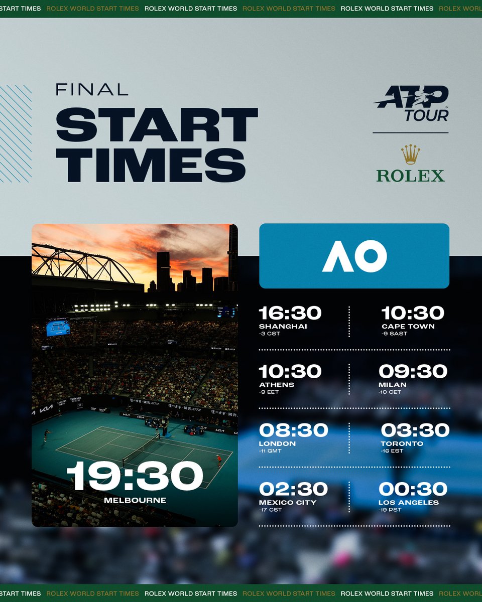 atptour's tweet photo. Make sure you're ready ⏰

Where will you be watching the final from? 🌍

@rolex | #StartTime | #partner https://t.co/rOKHZLc30h