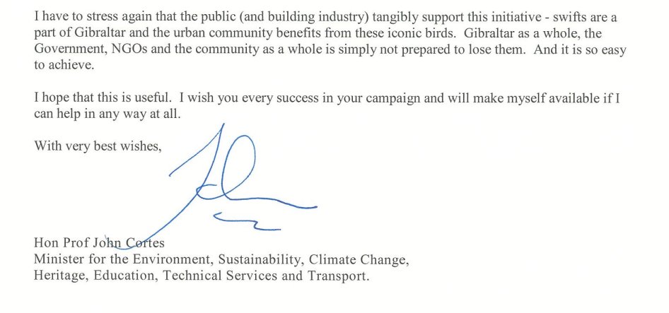 Gibraltar's #Environment Minister @cortes_john has written in support of my aim of getting the govt to mandate swift bricks. John Cortes you're a 🐦‍⬛rockstar!🕺 Write to Housing Minister Lee Rowley MP DLUHC 4th Floor Fry Building 2 Marsham Street London SW1P 4DF asking him to act