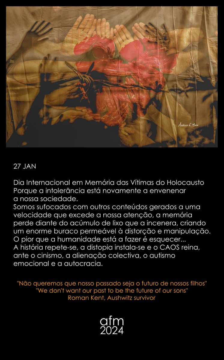 antoniofmaia1's tweet image. 27 JAN
#internationalholocaustremembranceday2024
#HumanParadox
#AllLivesMatter
#stopthewar
#InMemory27january
#Holocaust
#Auschwitz
#RomanKent
#ArtWork #AntónioFMaiaPhotography
#aworldfullofmockeries
Artwork &amp;amp; Photography © antoniofmaia – All Rights Reserved 2024