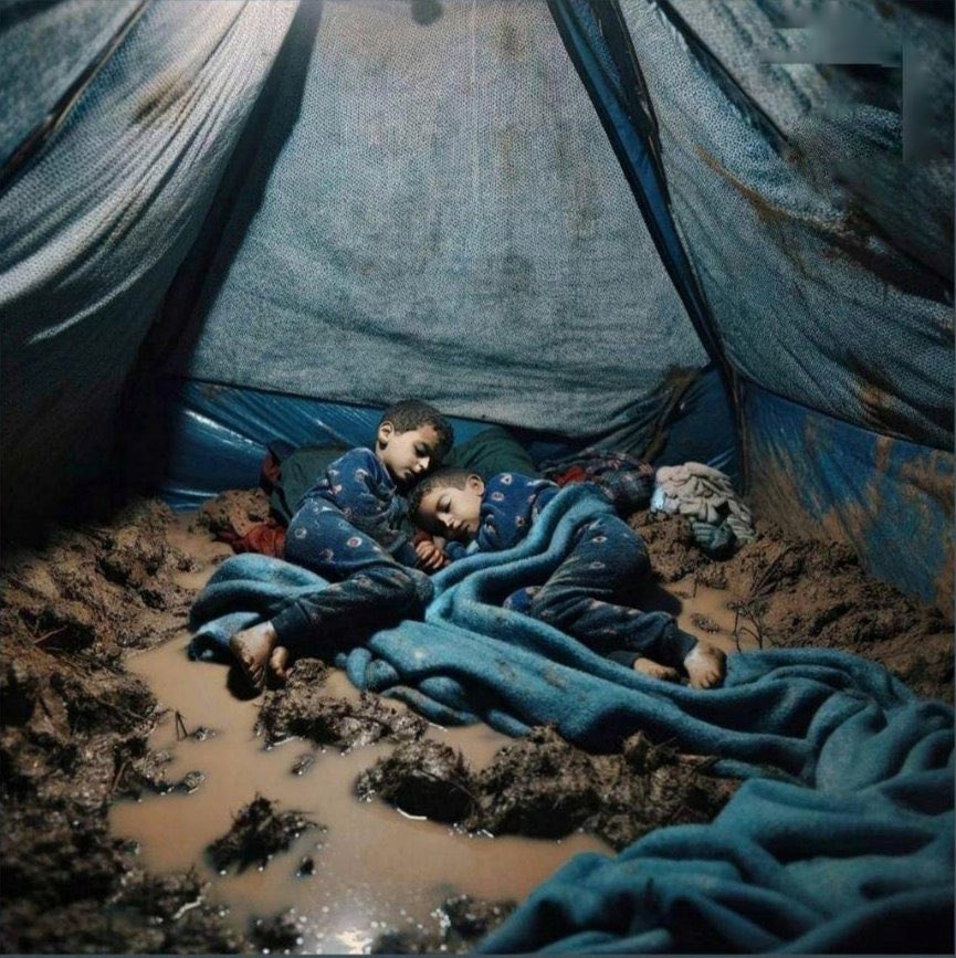 تخيل أنهم أبناؤك"..
أكثر من نصف سكان غزة ينامون فوق مياه الأمطار التي تسببت بإغراق جميع الخيام في جنوب قطاع غزة.