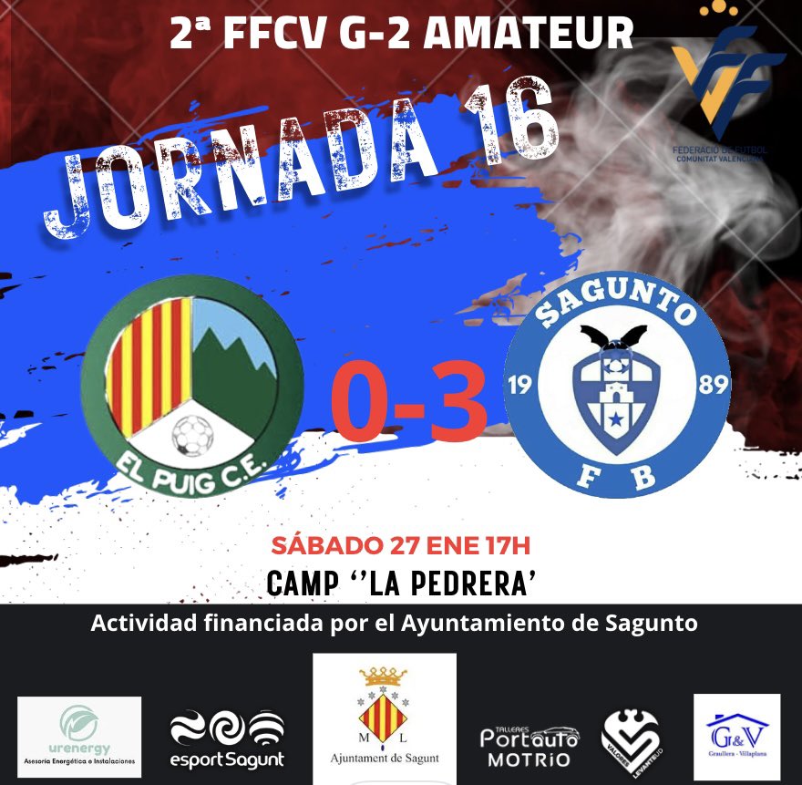 🚨Victoria de nuestro AMATEUR que se ha impuesto hoy al Puig por 0️⃣-3️⃣

Goleadores : ⚽️⚽️⚽️

Lucas Navarro
José Alos 
Pepe Mellado 

¡ENHORABUENA EQUIPO! 🛡️⚔️💙

#adnsaguntofb