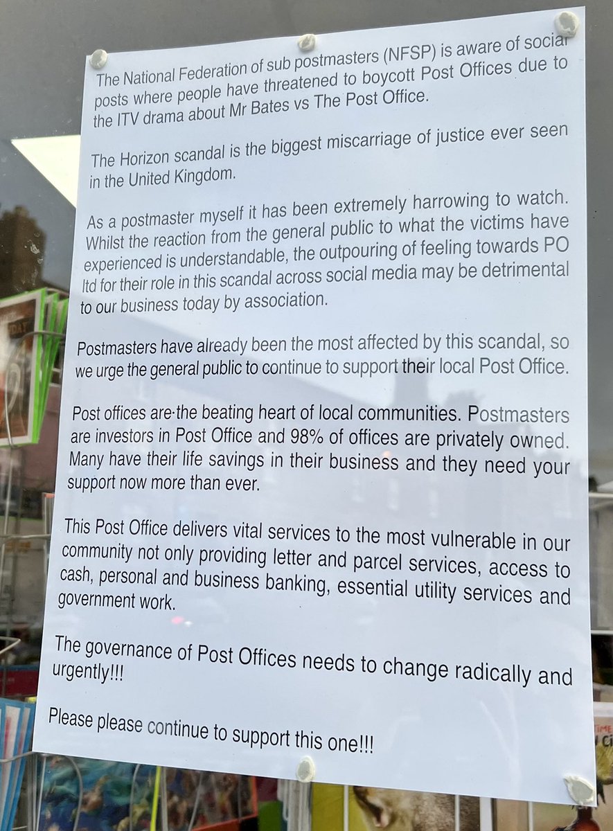 Corbridge post office - as someone in a rural area with their village post office now gone &amp; needing post office for banking, I agree we need to support or lose them. As well as them mostly being run as small businesses &amp; actions of the Post Office are no reflections on them.