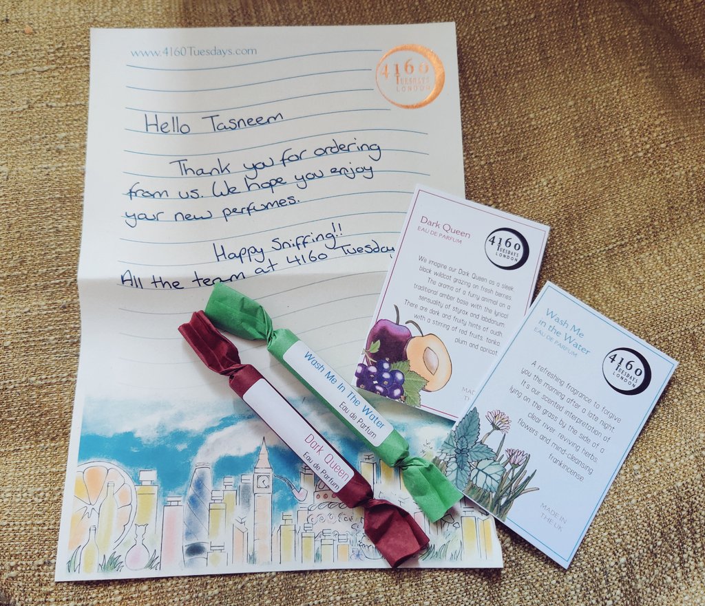 I waited until January payday to treat myself to some perfume from @4160Tuesdays and was so thrilled that I got a few samples put in the delivery too. I love the inclusion of the handwritten note too, customer care at its finest ♥️. If you love perfume, you should check them out!