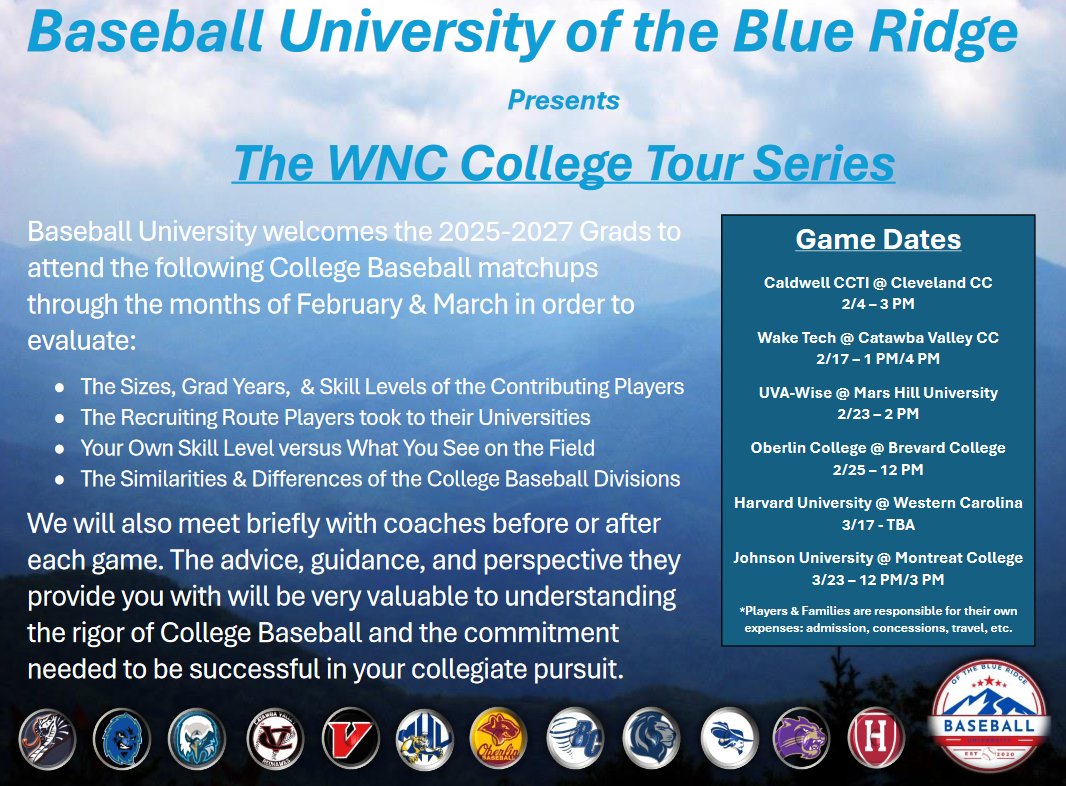 Extremely excited to announce the <a href="/BBUniversityWNC/">Baseball University of the Blue Ridge</a> College Tour Series 

What is the most common answer I receive from College Coaches when asked, "What is one piece of advice you would give High School Prospects?"  

"Watch more college baseball" 

Refer to the flier for some