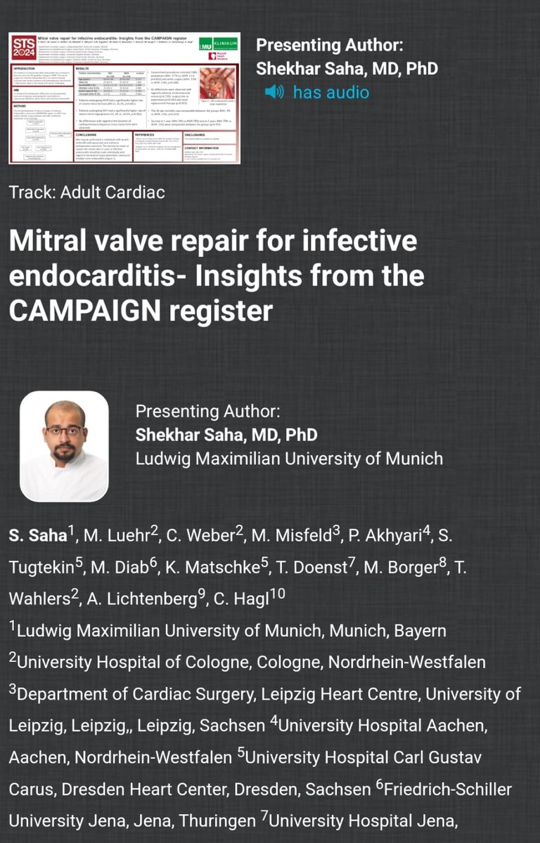 🫀 Outstanding contribution from <a href="/ShekharSaha91/">Shekhar Saha</a> investigating mitral valve endocarditis trends at #STS2024

🇩🇪 The study compares outcomes of MVr (8.9%) vs. MVR (91.1%) using CAMPAIGN registry data (n=4917) 

📊  MVr showed superior survival rates at 1 (78%) and 5 years (70%).