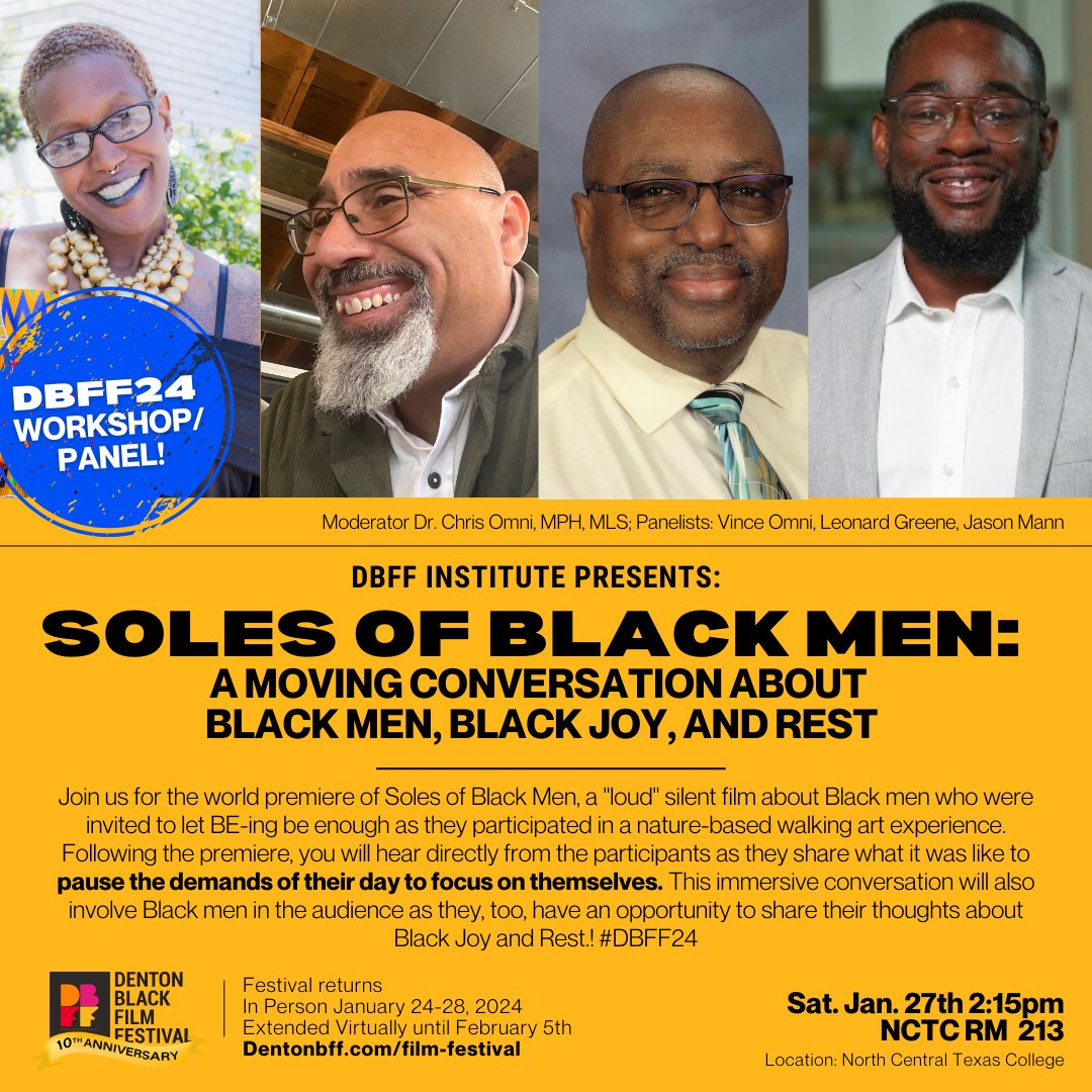 Don't miss out on the world premiere of Soles of Black Men, and a chance to hear from and talk to the participants as they share what it was like to pause the demands of their day to focus on themselves.#DBFF24 📍North Central Texas College | 2:15pm | Room 213