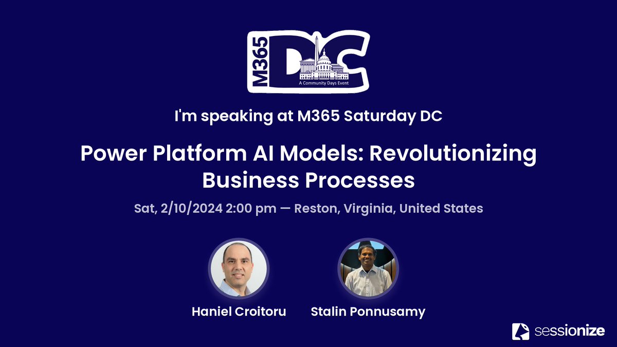 Interested in learning how you can augment your Microsoft Power Platform apps and workflows with #AI? Then join <a href="/StalinPonnusamy/">Stalin</a>  and I on Feb 10 in DC at the <a href="/Microsoft/">Microsoft</a> 365 Saturday DC event. communitydays.org/event/2024-02-… #M365DC #PowerPlatform