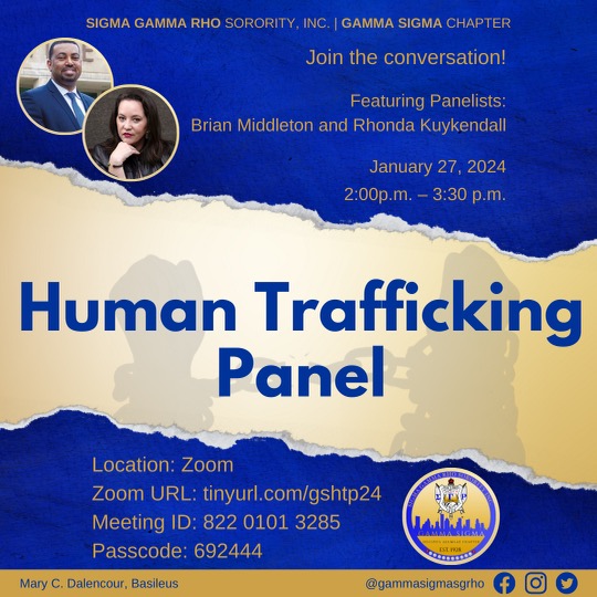 Today at 2:00 p.m.
Sigma Gamma Rho Sorority is hosting a human trafficking panel with Fort Bend County DA Brian Middleton and chair of the Fort Bend County DA Human Trafficking Team and Survivor Leader <a href="/rhondakuy/">Rhonda Kuykendall</a> 
It is not too late to join us!