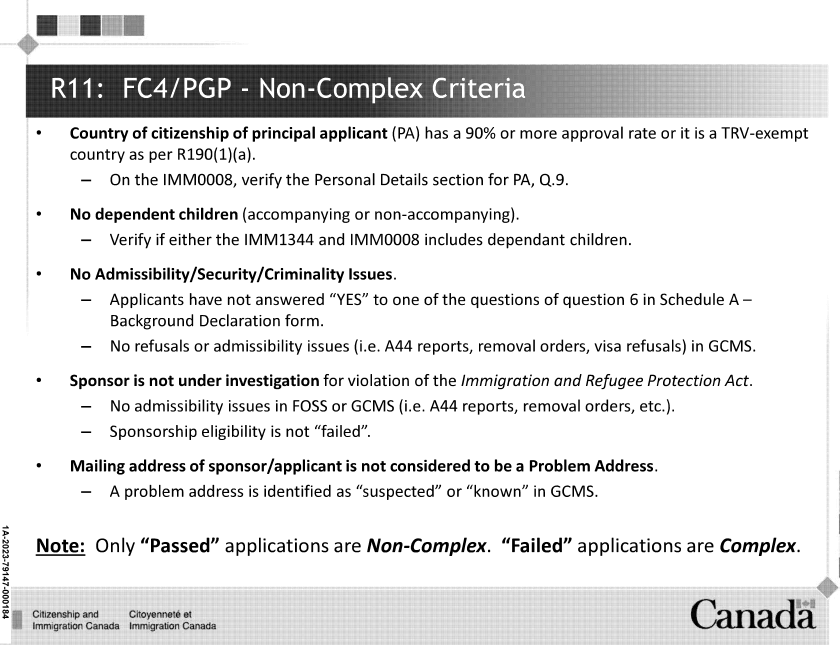 smeurrens's tweet photo. All Parent & Grandparent Program applications are triaged as Complex or Non-Complex. 

To be considered non-complex, the following criteria must be met. 

1) Country of citizenship of principal applicant has a 90% or more approval rate or it is a TRV-exempt country. 

2) No dependent children. 

3) No admissibility/security/criminality issues identified in the Schedule A Background Declaration form or visible in GCMS. 

4) Sponsor is not under investigation for violation of immigration legislation. 

5) Mailing address of sponsor/applicant is not identified as "suspected" or "known" in GCMS, meaning that it is a "problem address."