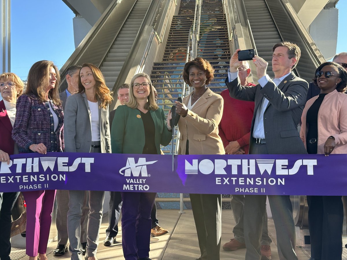 FTA_DOT's tweet photo. FTA Administrator Fernandez joined Phoenix @MayorGallego &amp; @RepGregStanton to cut the ribbon opening @ValleyMetro’s NW Extension light rail line. Supported by a $158 million fed grant thru the Bipartisan Infrastructure Law the line will connect more people to jobs &amp; opportunities https://t.co/GRiGi2yM6j