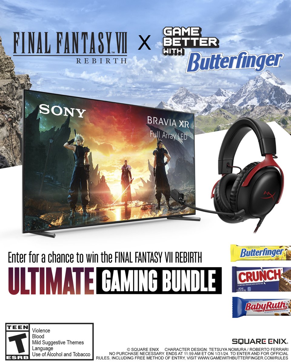 US Residents: Last chance to enter!

Secure your Final Fantasy VII Rebirth Ultimate Gaming Bundle with a qualifying @Butterfinger bar and enter for a chance to win more awesome prizes!

Visit GameWithButterfinger.com to learn more. #GameWithButterfinger #FF7R