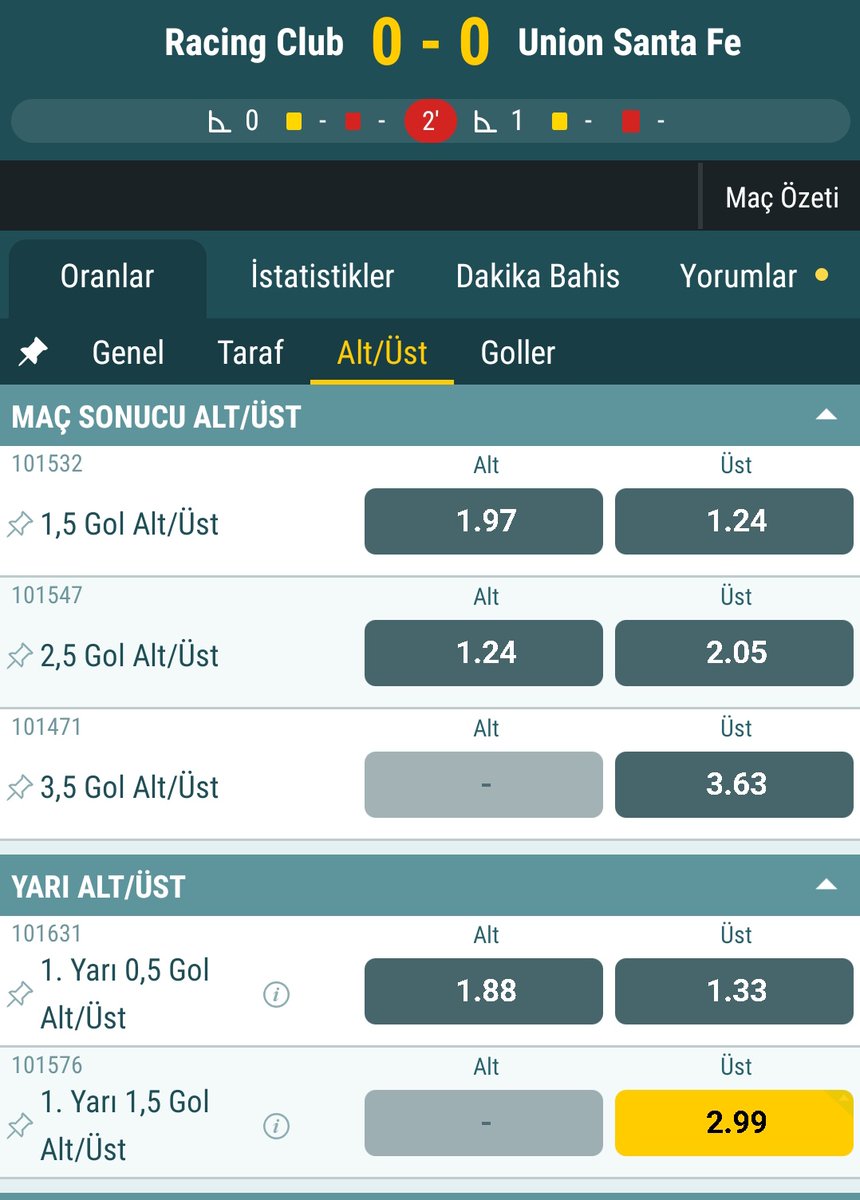 Racing Club - Union Santa Fe

İlk yarı 1,5 Gol Üstü

Toplam gol bahsi için de 3,5 Gol Üstü denenir.
