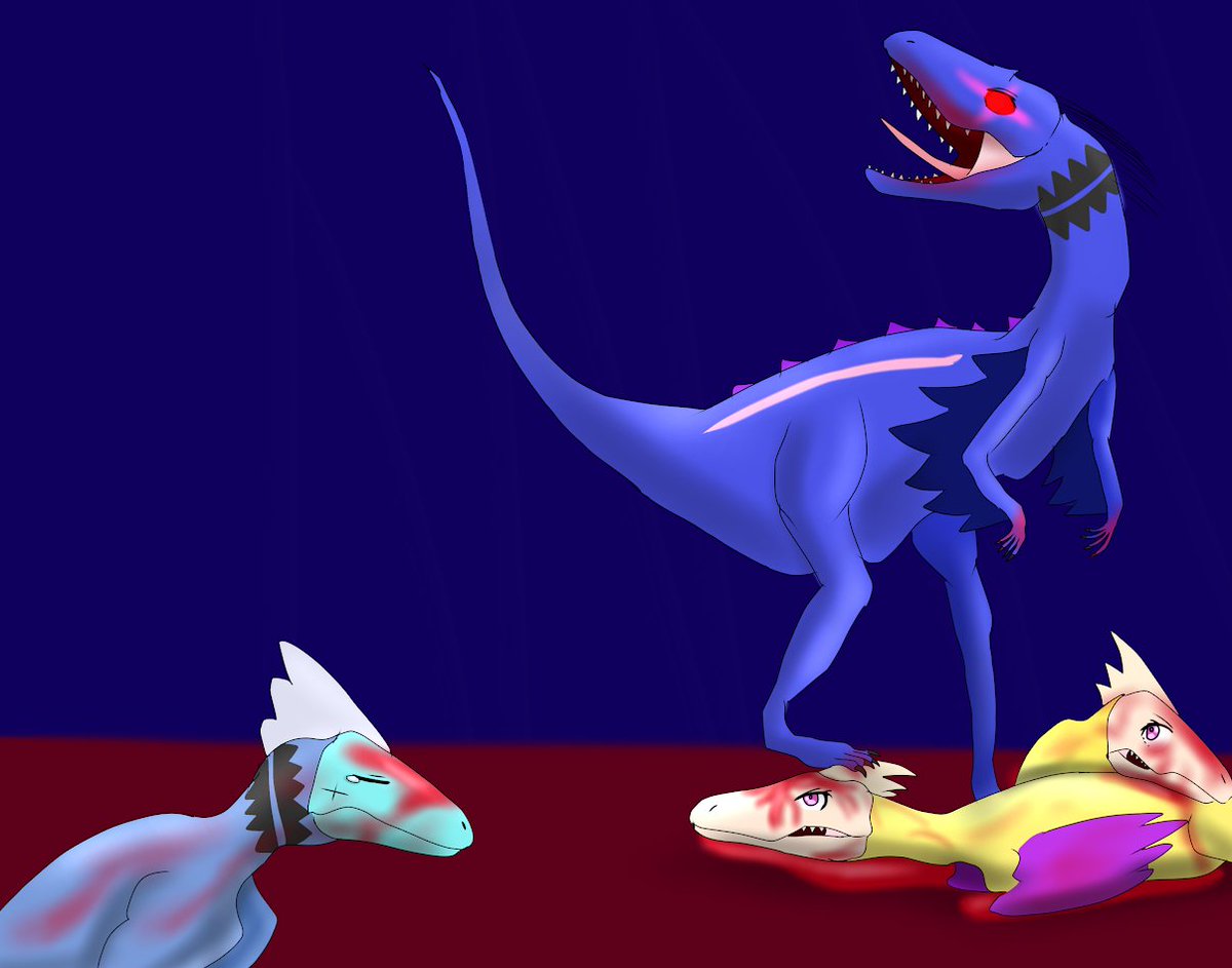 怒り狂ったインドチノラプトルは私達に容赦なく襲いかかりました。私とデイノニクスさん達は必死に抵抗しましたが、ヤツは嘲笑うかのようにデイノニクスさんを踏みつけ、私に噛みついてきたんです。
もう、意識が･･･。
ごめんなさい･･･、レジーナさん、エオラプトルさん、おねえちゃん･･･