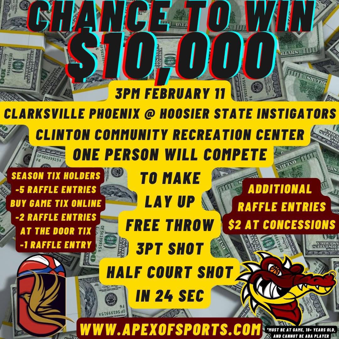 10 Thousand Dollars!

Can’t wait to see a fan at the <a href="/HoosierStateABA/">Hoosier State Instigators</a> Instigators game drain a half court shot to win $10K on February 11! 

Get your tickets today at apexofsports.com to earn your raffle entry to be selected.