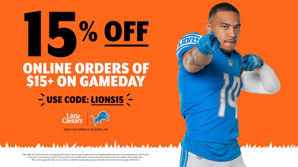 Detroit Football with Detroit Pizza goes crazy! Get 15% off @littlecaesars online orders of $15+ TOMORROW with code LIONS15 🍕🏈   Order here: littlecaesars.com