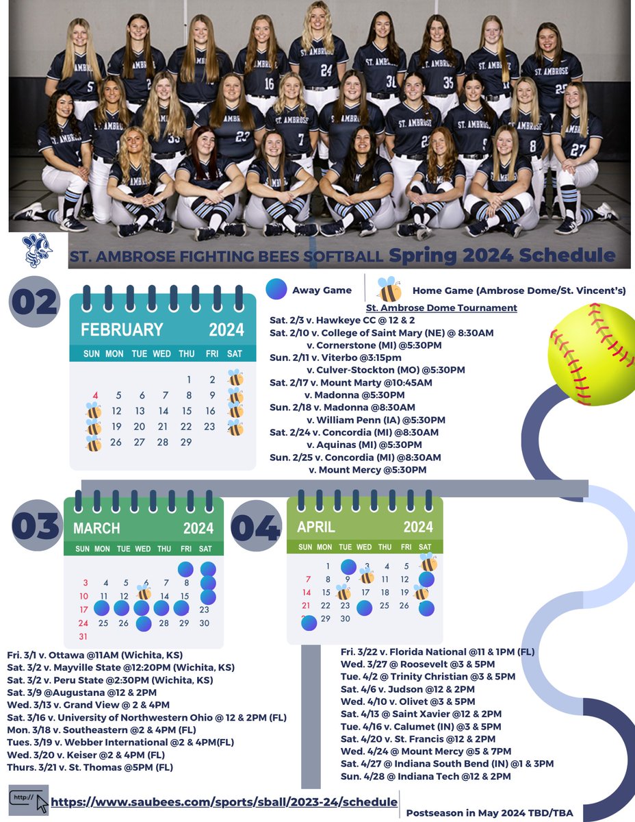 SAUBeesSoftball's tweet photo. MARK YOUR CALENDARS!!

Our 🐝 are all getting ready for our spring season and we would LOVE to pack the stands this year! You can find our schedule on the image below or on our team website! We look forward to seeing you at some games! https://t.co/QYrvdqtLnB