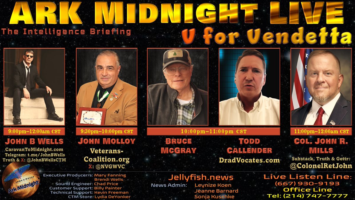 JohnBWellsCTM's tweet photo. #ArkMidnight Tonight
Topic: The Intelligence Briefing / V for Vendetta
9pm-12am CST
Lineup:
• John Molloy @NVGWVC
• Bruce McGray
• Todd Callender, Esq.
• Col. John R. Mills
Listen Links:
AM/FM Radio
https://t.co/2mTd18CwZS
ZuTalk
https://t.co/PIiYomaEqr (live & archives)
OPSLENS
https://t.co/PdpLFyQhQO
Speak Free Radio
https://t.co/HsVgoP7wGr
Twitch
https://t.co/D8ixg5tFEp
CloutHub
https://t.co/3472cva0ec
DLive
https://t.co/yiyh55iNJ9
Gettr
https://t.co/0lHkNgN3cj
Rumble
https://t.co/hjy7jjPPI8
YouTube
https://t.co/q0vUD3R6UW
@realMaryFanning