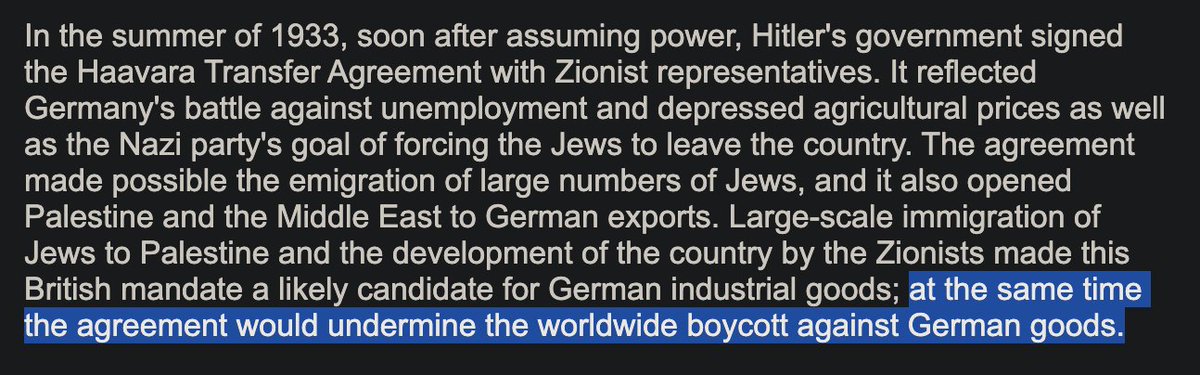 @essexchai @tracyann4322 Thank you for that denial. It makes the facts I'm about to present so much more humiliating for you.

'signers of Haavara agreement knowingly undermined the international Jewish-led boycott of Germany'

museumoftolerance.com/education/arch…