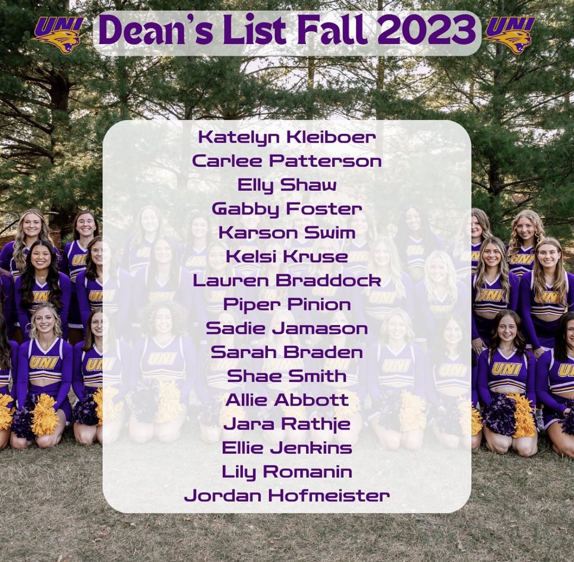 UNICheerleading's tweet photo. We are so proud of our UNI Cheerleaders!🐾 #deanslist2023 #pantherproud https://t.co/mvYmCUlDXJ