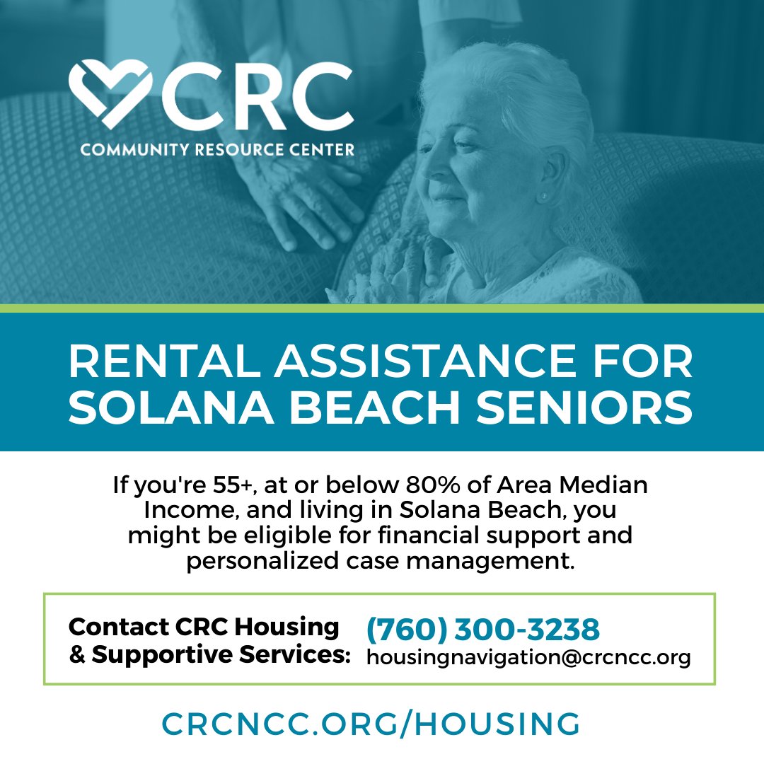 If you're 55 or older, at or below 80% of Area Median Income, and living in Solana Beach, you might be eligible for financial support and personalized case management. For help, contact us at (760) 300-3238 or housingnavigation@crcncc.org. 

#SolanaBeach #HomelessnessPrevention