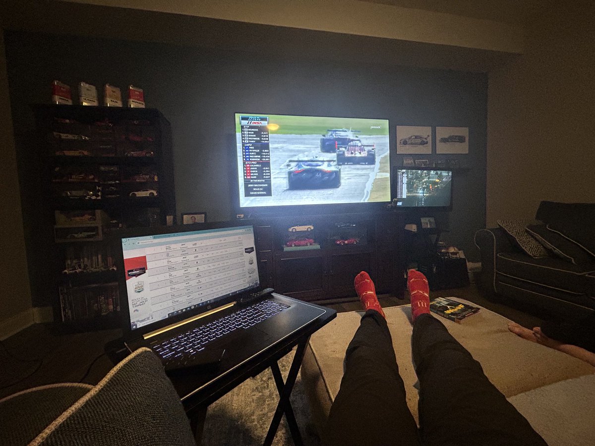 Tuned in the #Daytona24 from Chattanooga, TN. Watching @IMSA on the big screen & the #Dubai24 on the little TV. Laptop up with T&S for Daytona and @andyblackmore spotter guide. @IMSARadio @specutainment @radiolemans @dsceditor  9 year old son beside me in training!