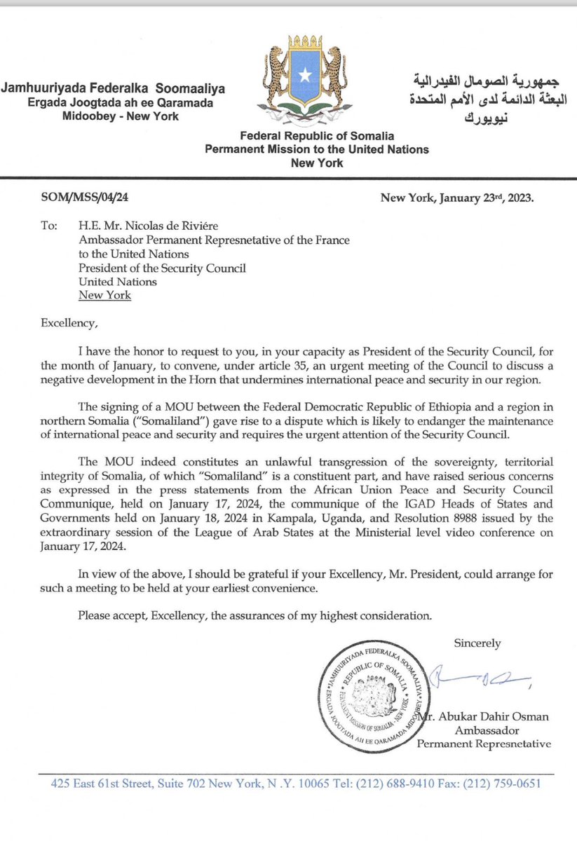 Ethiopia has failed in its request to cancel an urgent session of the UNSC, where Ethiopia's violation of Somalia's independence was to be discussed. Somalia has succeeded in defeating Ethiopia's failed attempt. The UNSC meeting will be held on Monday, the 29th of this month.