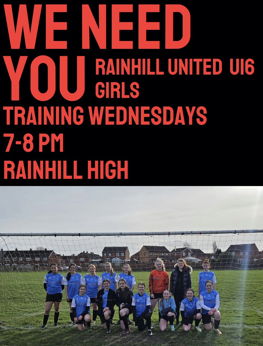 We are in need of some reinforcements for our U16 Girls team, ideally defensively minded players ⚽️

Training is every Wednesday at <a href="/rainhillhigh/">RAINHILL HIGH SCHOOL</a> 7-8pm, playing on Saturdays ⚽️

Drop us a message or email us info@rainhillunited.co.uk to register your interest ⚽️