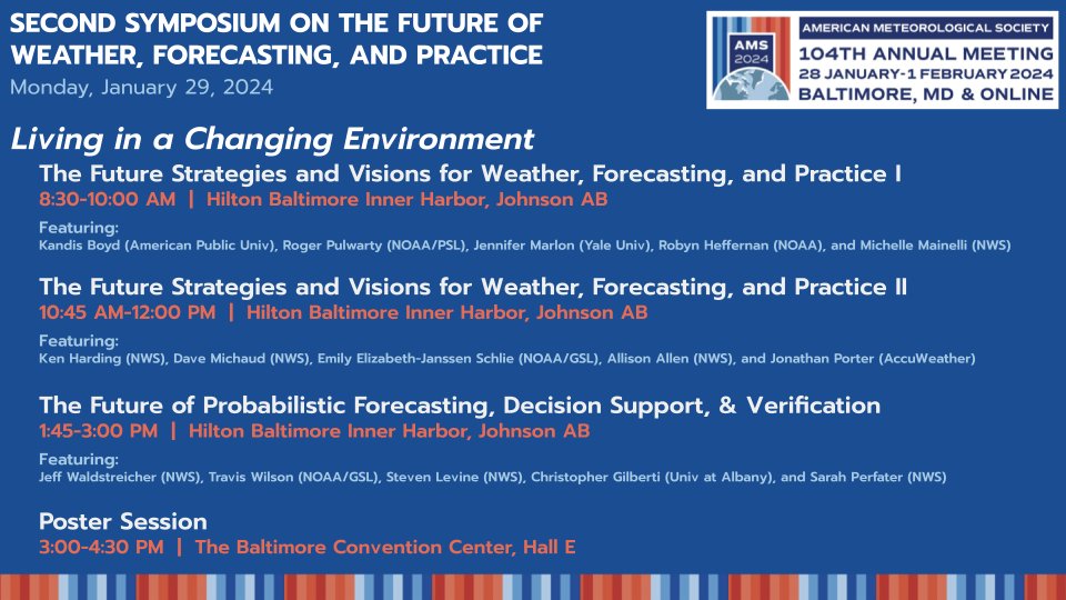 Welcome to #AMS2024! Tomorrow, join us and @AMS_WAF for the first day of 2FUTURE. Topics include future strategies and visions discussed by leaders in the enterprise, along with the future of probabilistic forecasts and decision support.